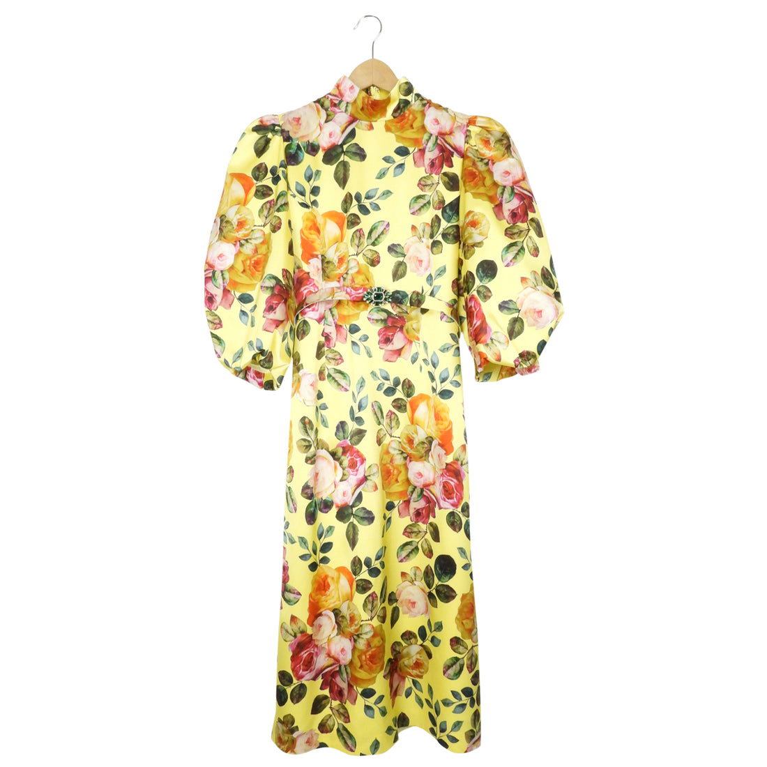 Andrew Gn Yellow Silk Satin Floral Belted Maxi Dress - 42