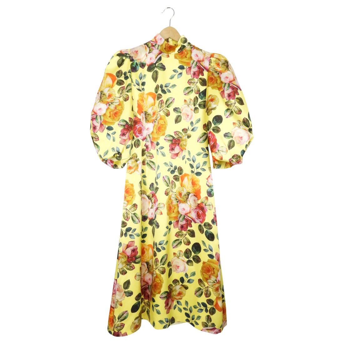 Andrew Gn Yellow Silk Satin Floral Belted Maxi Dress - 42