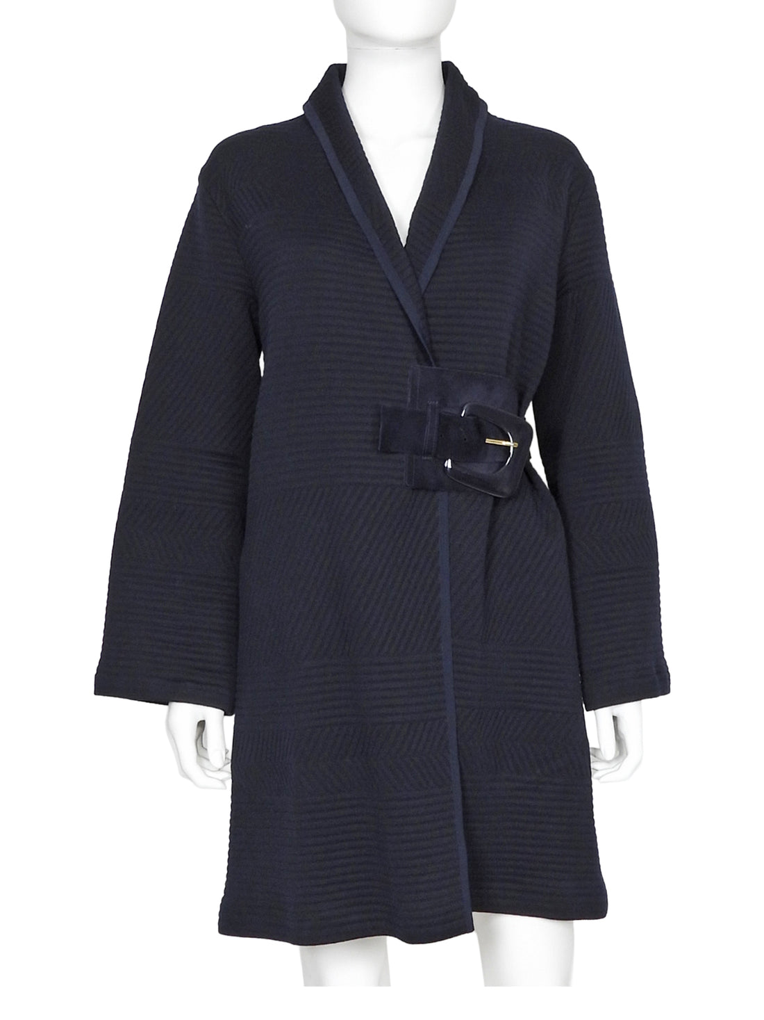 Giorgio Armani Navy Blue Rib Texture Knit Jersey Coat with Suede Resin Buckle - IT 44 / 8 / M