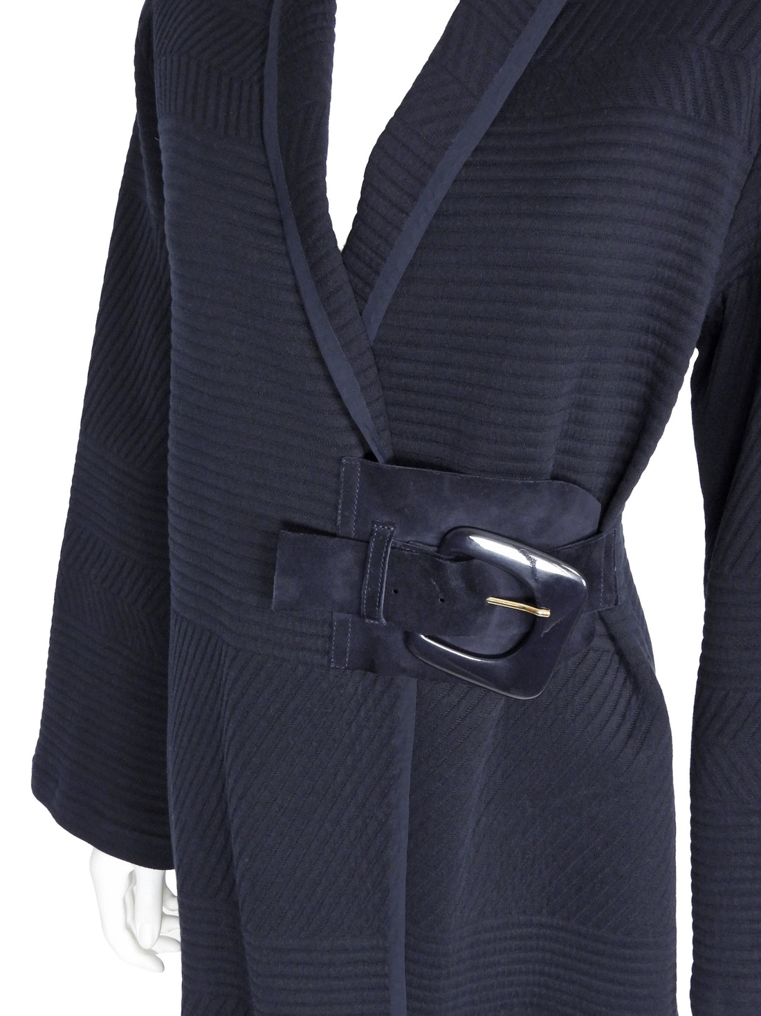 Giorgio Armani Navy Blue Rib Texture Knit Jersey Coat with Suede Resin Buckle - IT 44 / 8 / M