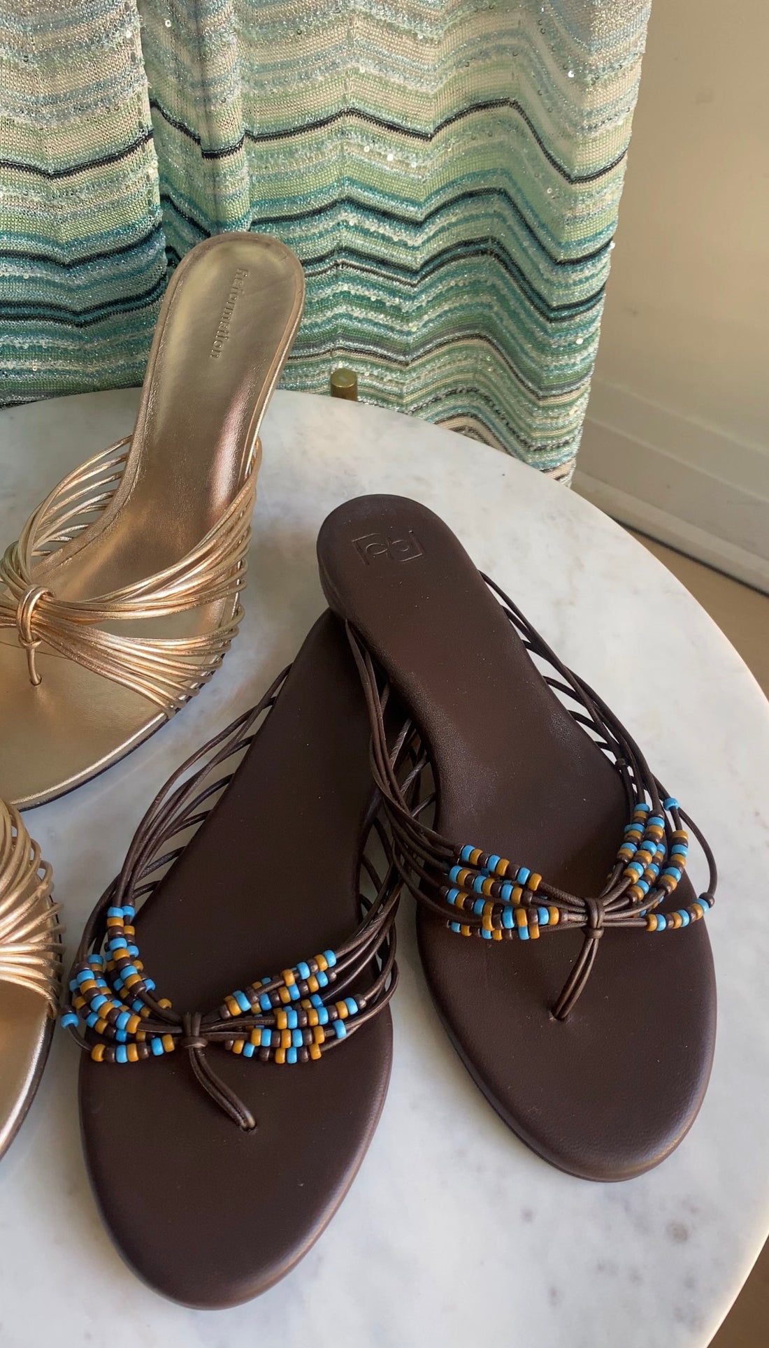 Reformation Espresso Brown Jessica Beaded Leather Flat Strappy Sandals - 7