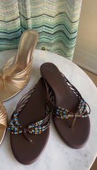 Reformation Espresso Brown Jessica Beaded Leather Flat Strappy Sandals - 7