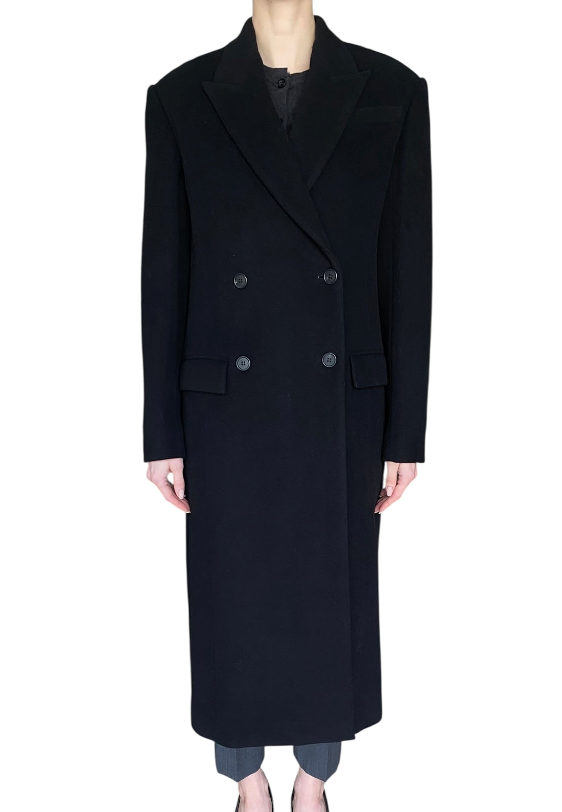 Aflalo Black Velmira Long Black Cashmere Double Breasted Coat - XS / US 4-6