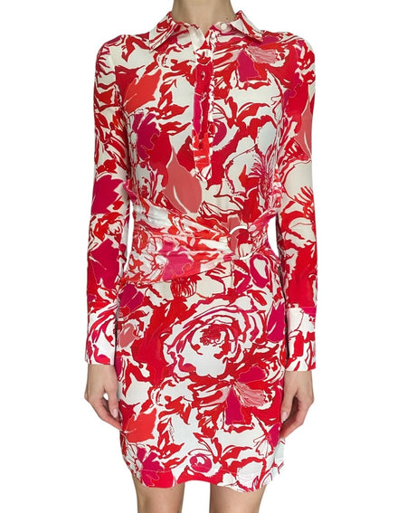 Roberto Cavalli Red Floral Printed Long-Sleeve Collared Dress - US 2-4