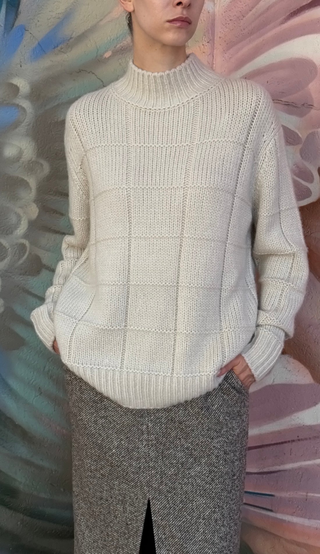 Iris Von Arnim Oatmeal Grid Knit Cashmere Silk Blend Turtle Neck - XS / S