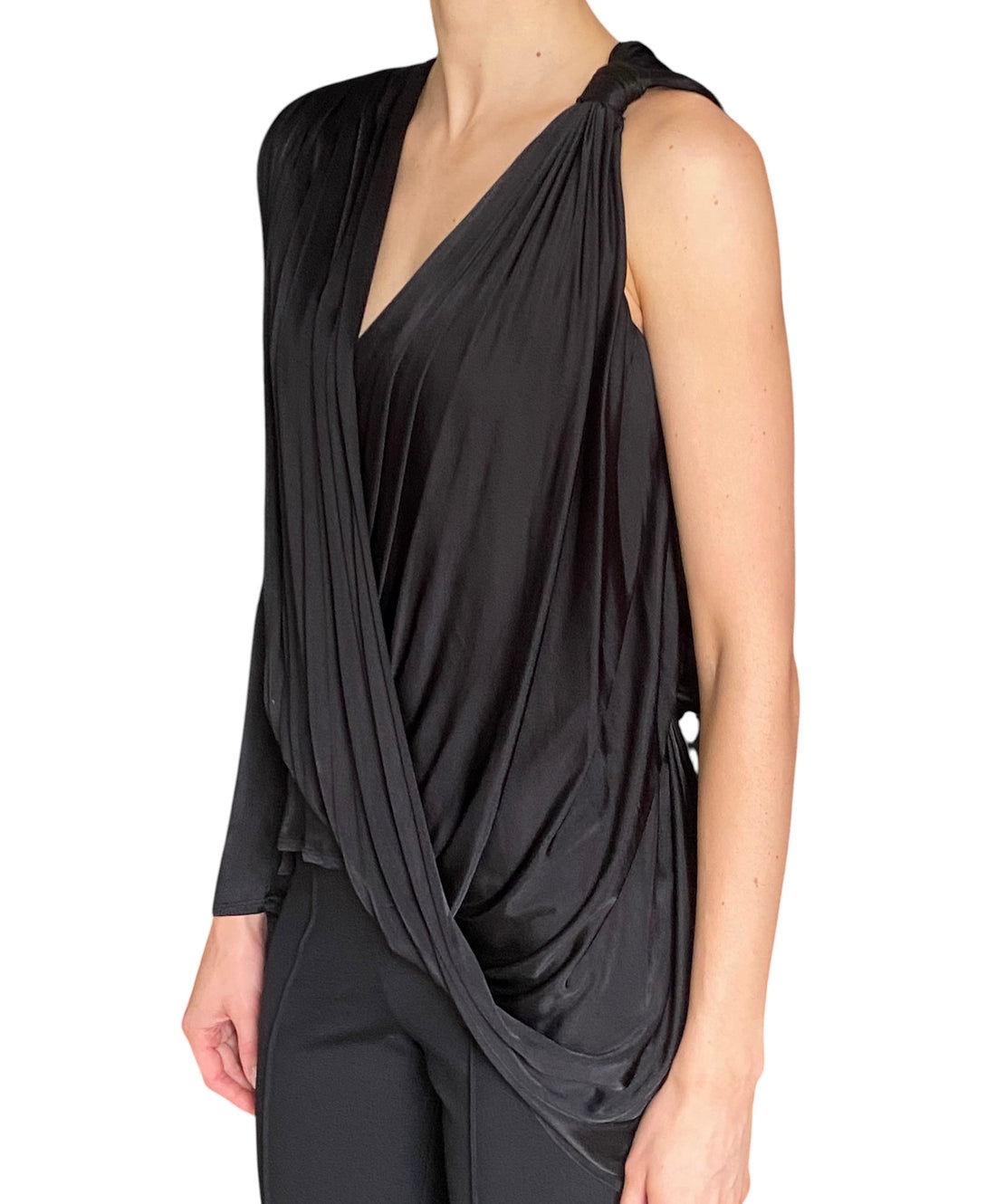 Versace Black Draped Jersey Asymmetrical Hi-Low Top - FR 38 / US 4