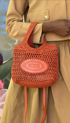 Tod's Rust Crochet Raffia Mini Manici Logo Tote Bag