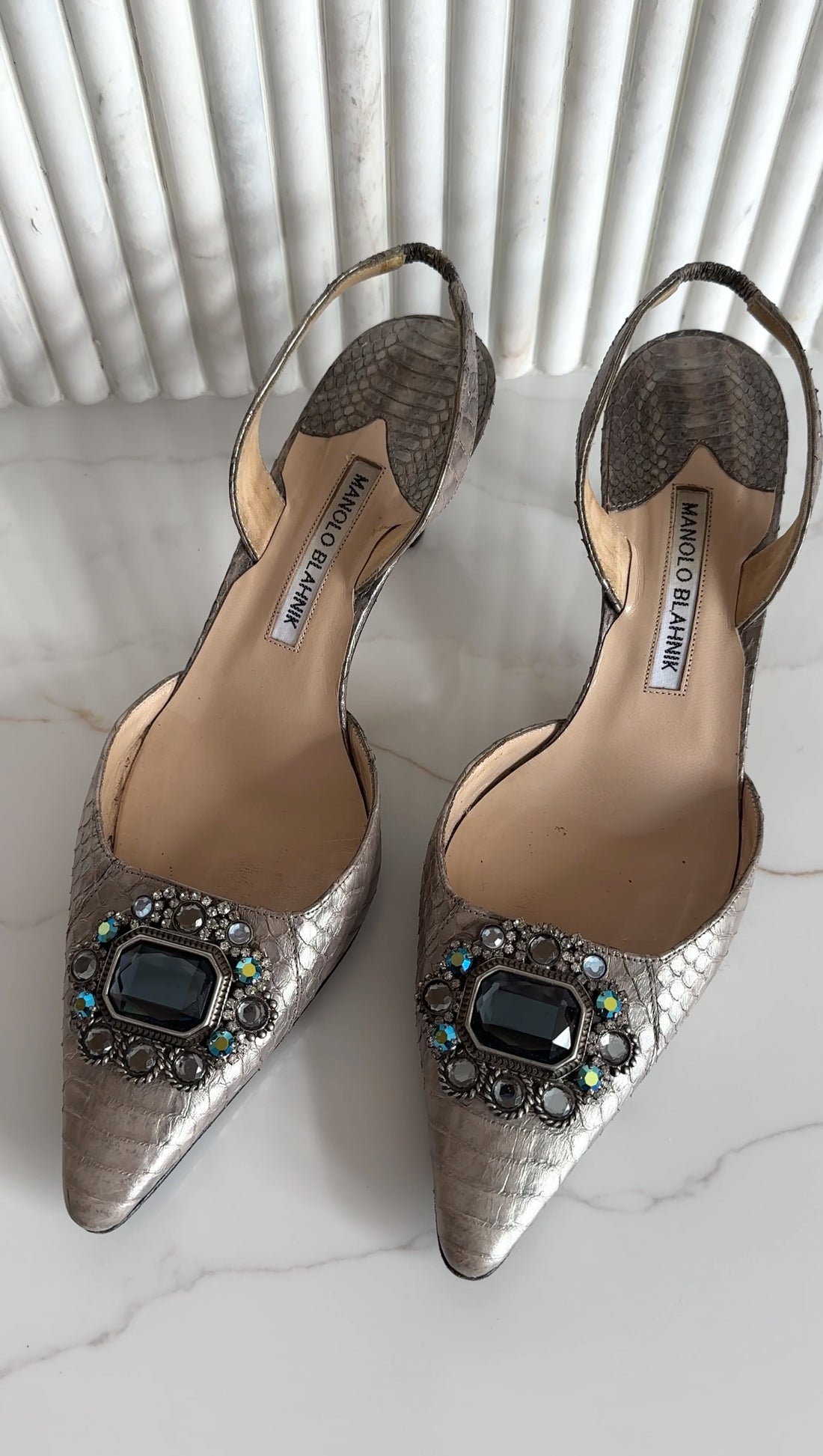 Manolo Blahnik Silver Metallic Python Jeweled Slingback Kitten Heels - 39 / 38.5