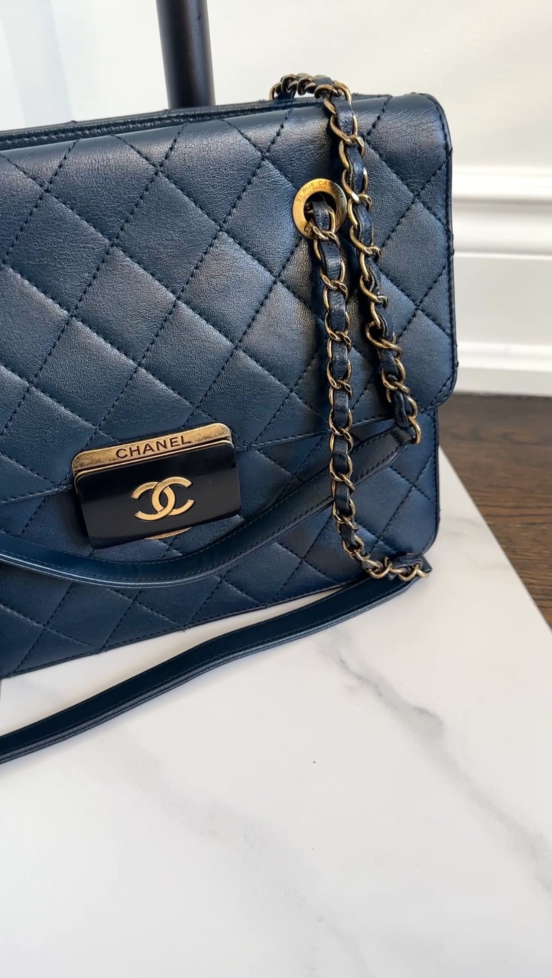 Chanel Navy Sheepskin Quilted Small Beauty Lock Chain Tote Bag