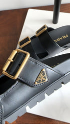 Prada Double Buckle Black Leather Flat Slide Sandals - 36.5 (fits like 37)