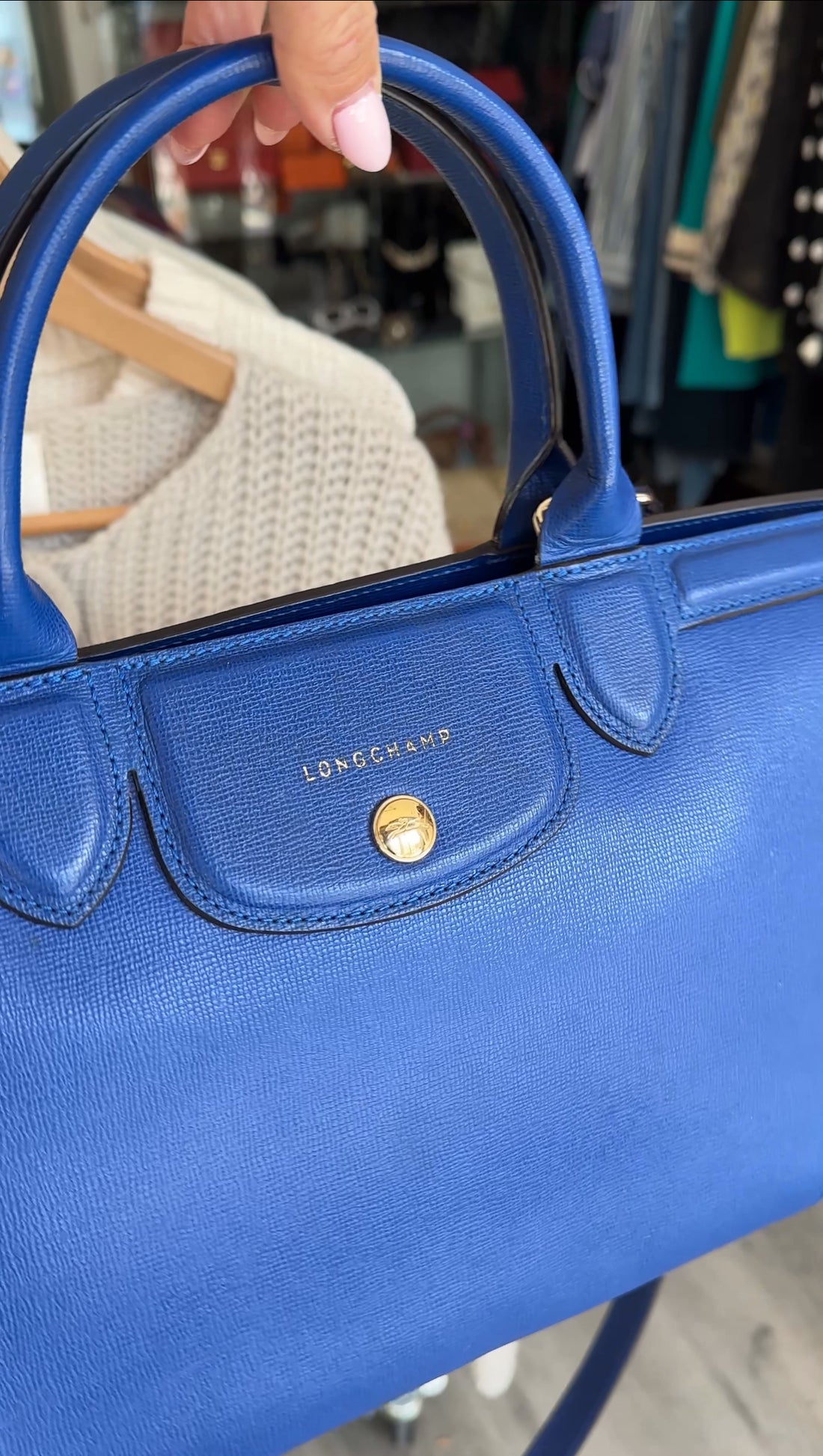 Longchamp Cobalt Blue Le Pliage Heritage Leather Two Way Bag