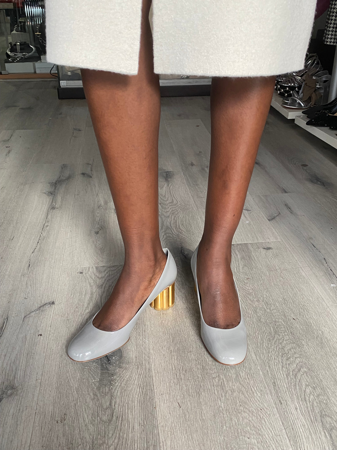 Ferragamo Grey Patent Leather Metal Heel Pumps - 9.5