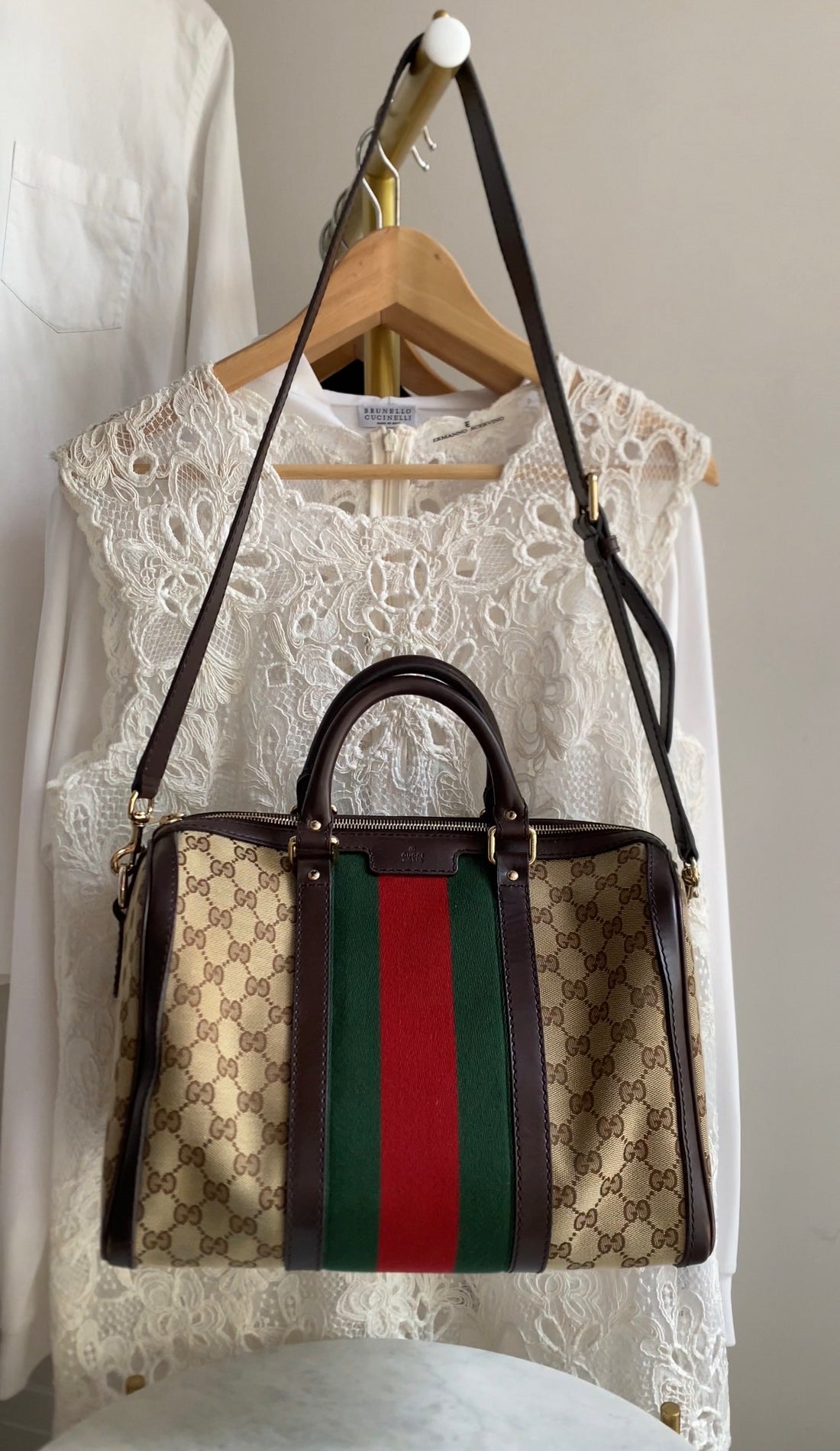 Gucci Beige Red Green GG Supreme Monogram Canvas Web Medium Boston Bag