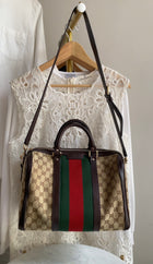 Gucci Beige Red Green GG Supreme Monogram Canvas Web Medium Boston Bag