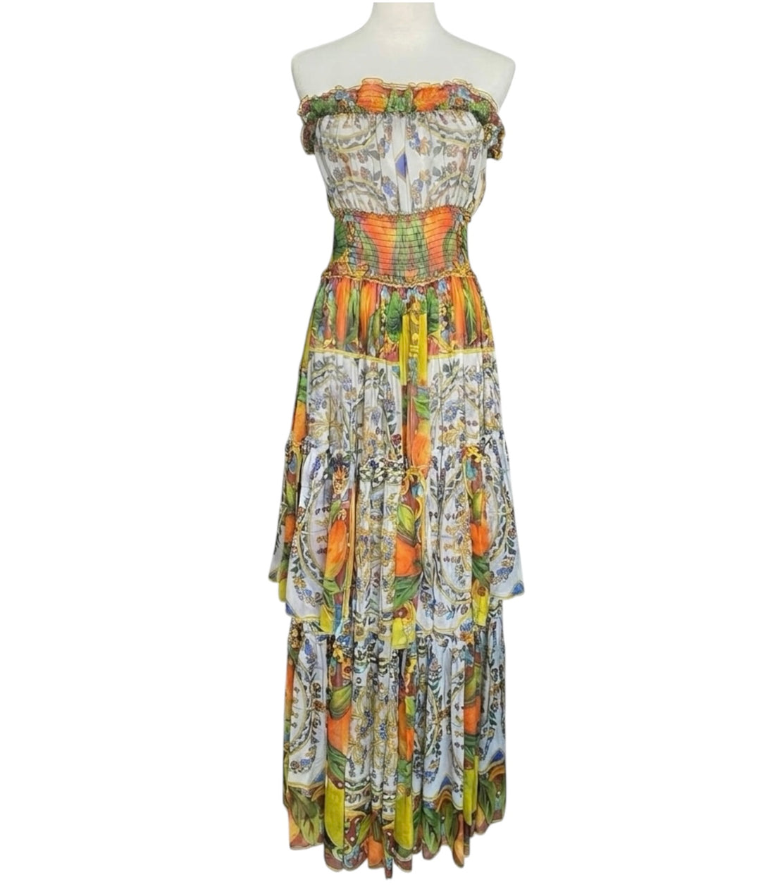 Dolce & Gabbana Orange Printed Silk Chiffon Tiered Strapless Maxi Gown - IT 44 / S-M
