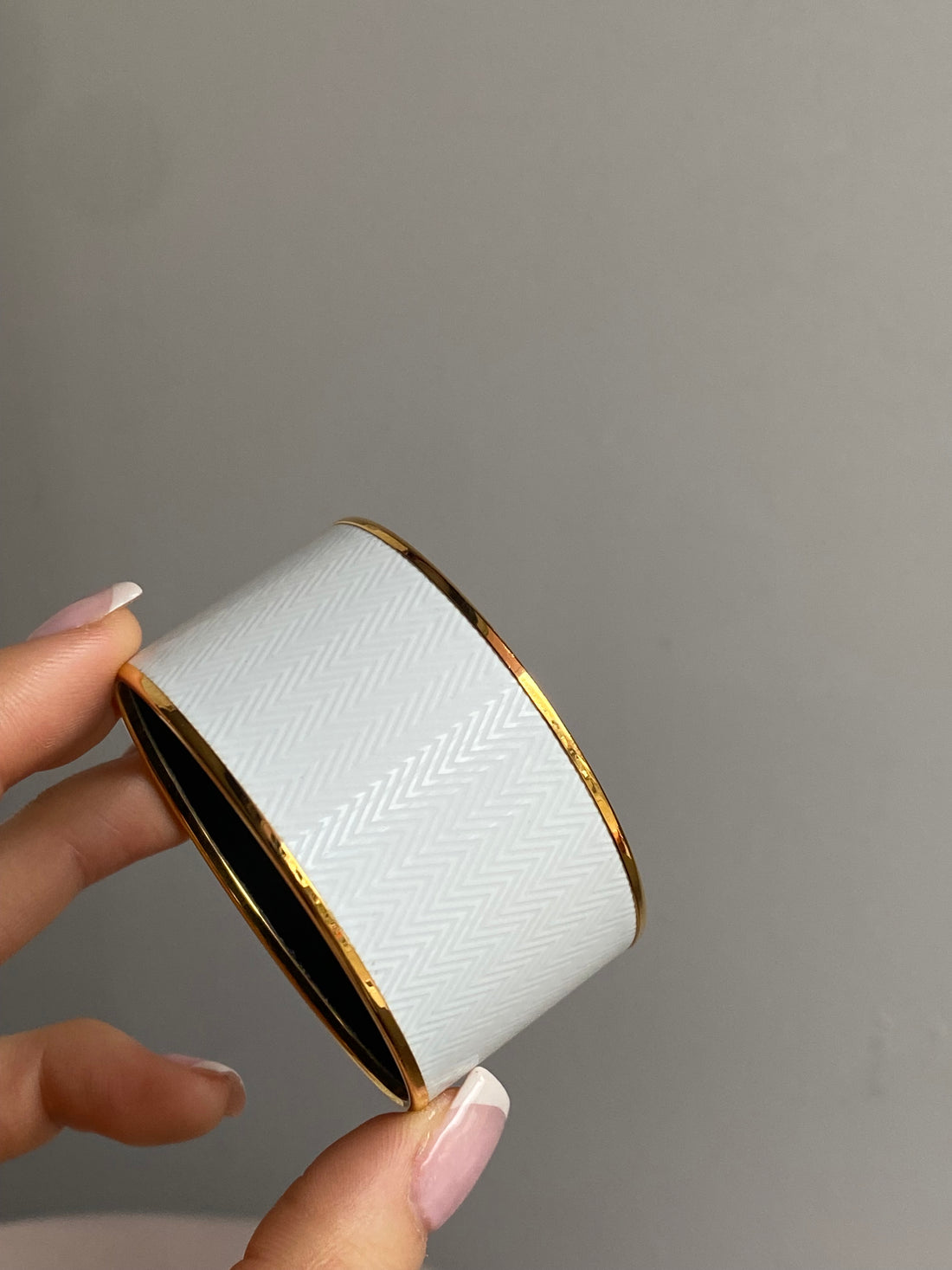 Hermes White Chevron Enamel Extra Wide Bangle Bracelet GHW