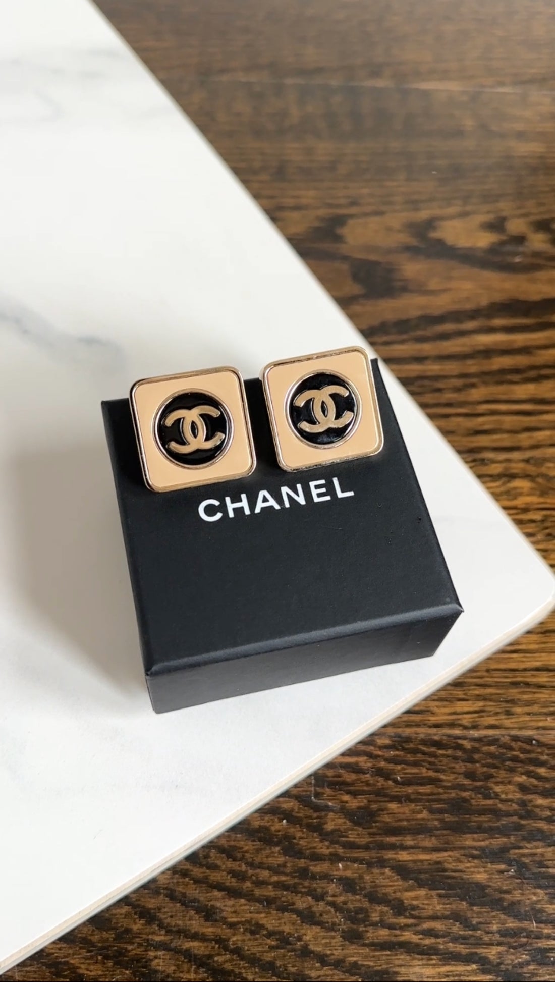 Chanel 23C Square Black and Beige CC Enamel Earrings