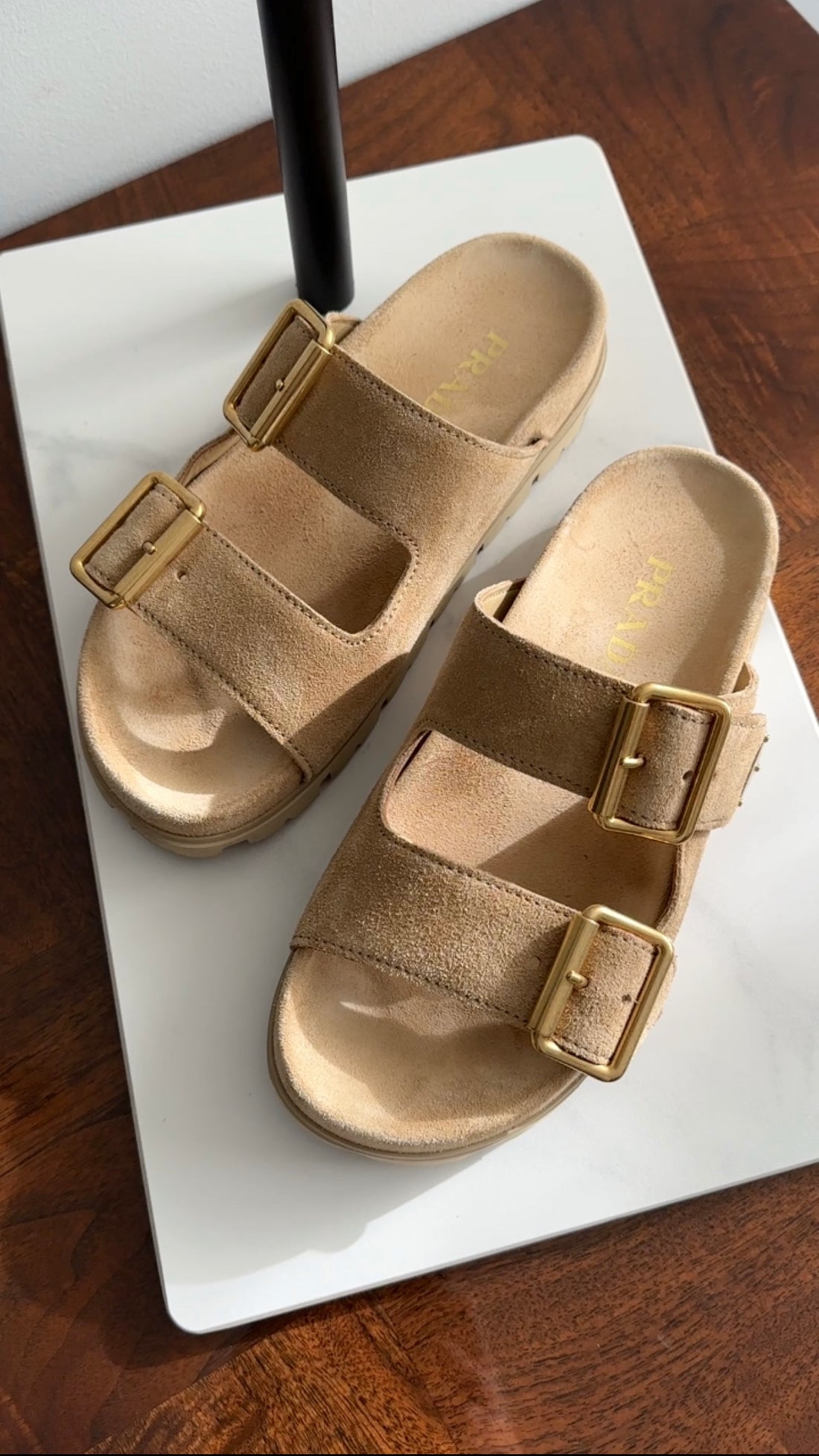 Prada Double Buckle Beige Suede Flat Slide Sandals - 36.5 (fits like 37)