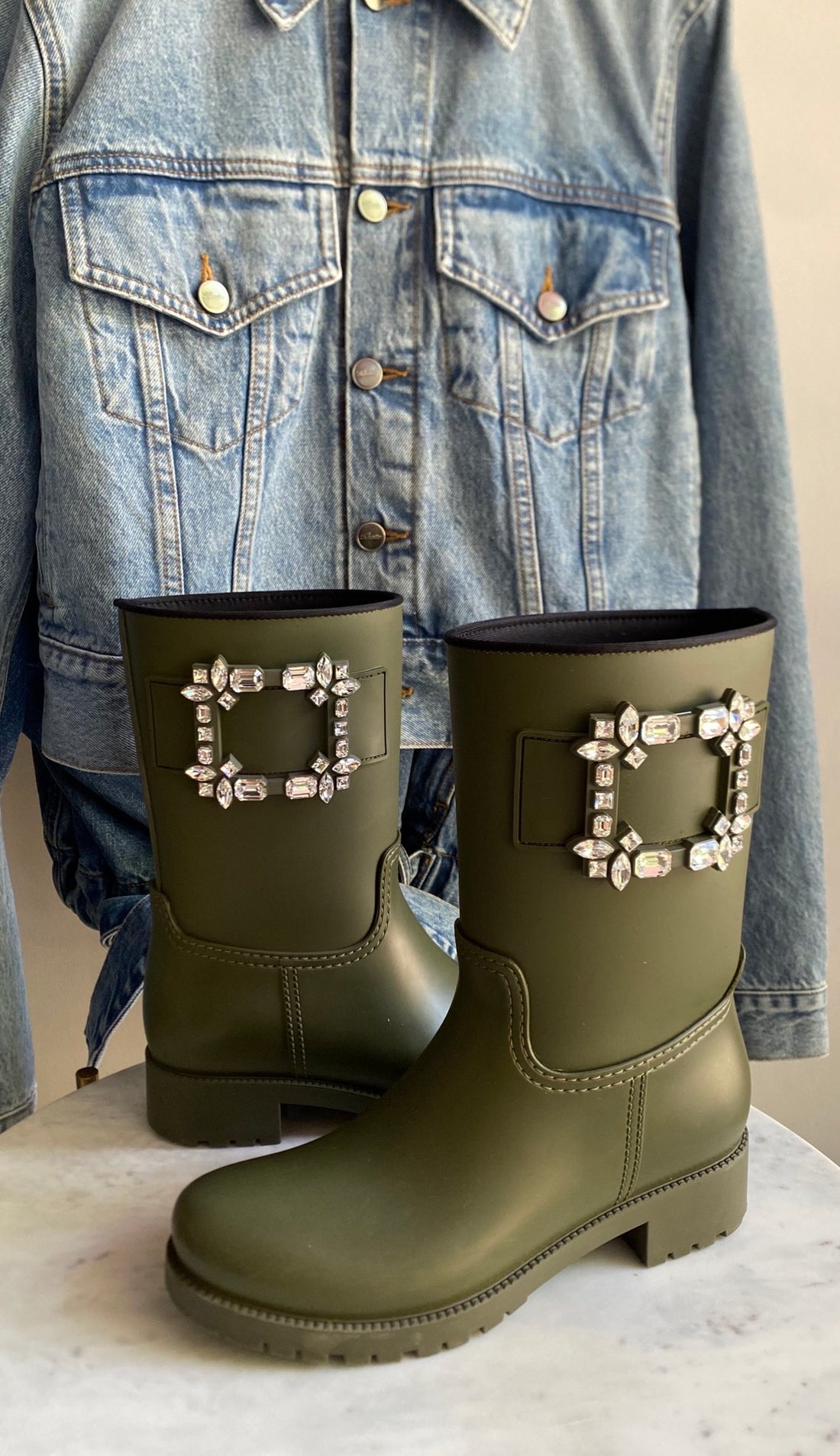 Roger Vivier Green Tempete Viv Strass Crystal Rubber Rain Boots - 38 (Fits 7)