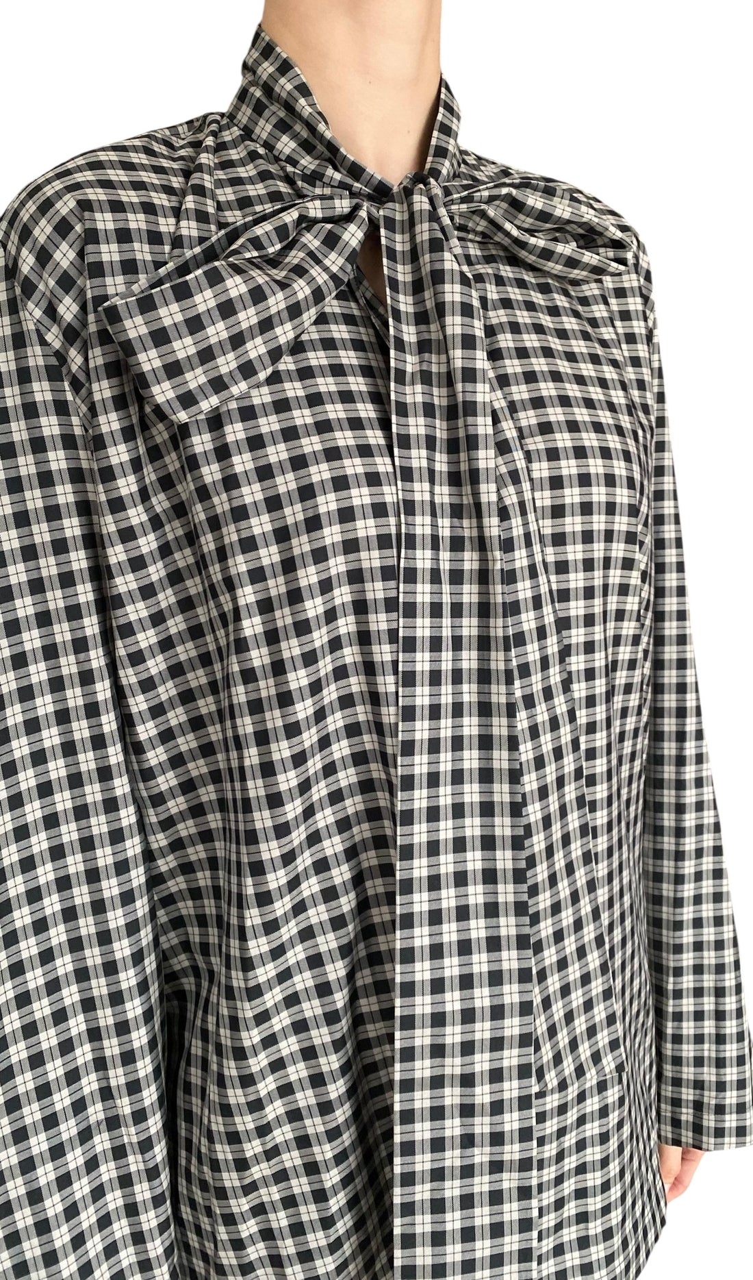 Balenciaga Black Checked Scarf Neck Cocoon Long-Sleeve Blouse- 36 / US 2-4