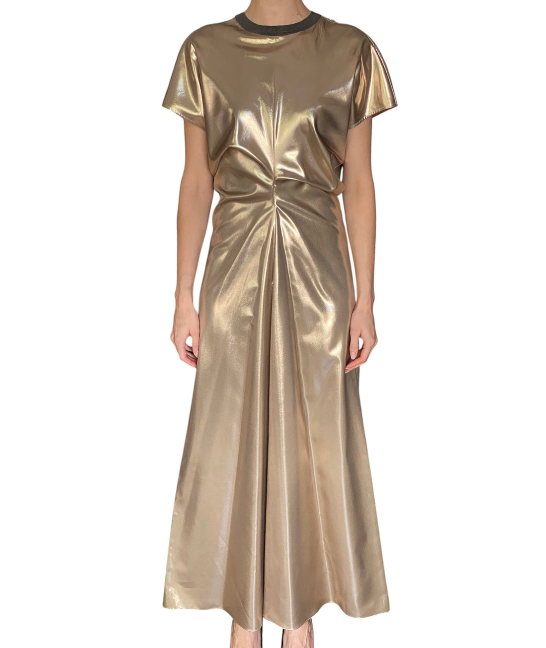 Brunello Cucinelli Brass Lamé Silk Twill Monili Collar Gathered Gown - M / US 6