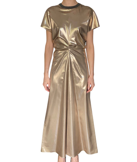 Brunello Cucinelli Brass Lamé Silk Twill Monili Collar Gathered Gown - M / US 6
