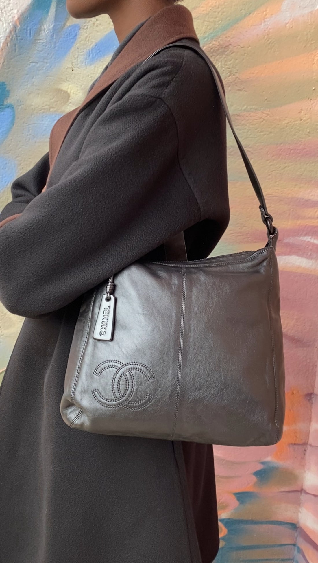 Chanel Vintage 1997 Black Leather CC Small Hobo Shoulder Bag