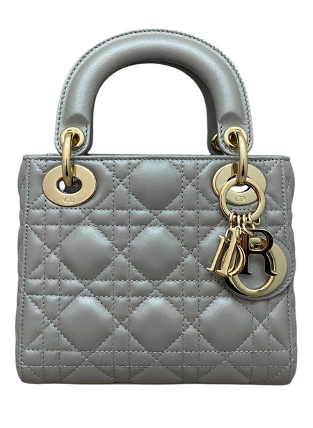 Christian Dior 2020 Pearl Grey Cannage Lambskin Mini Lady Dior Two Way Chain Bag