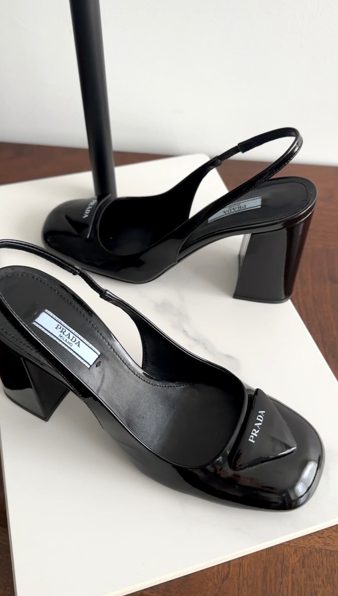 Prada Black Patent Leather Triangle Logo Block Heel Slingback Pumps - 38.5