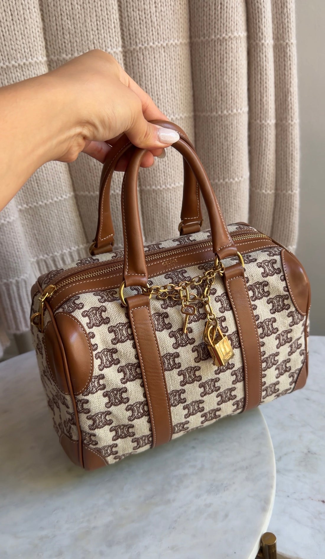 Celine Canvas Triomphe Logo and Leather Boston Small Bag