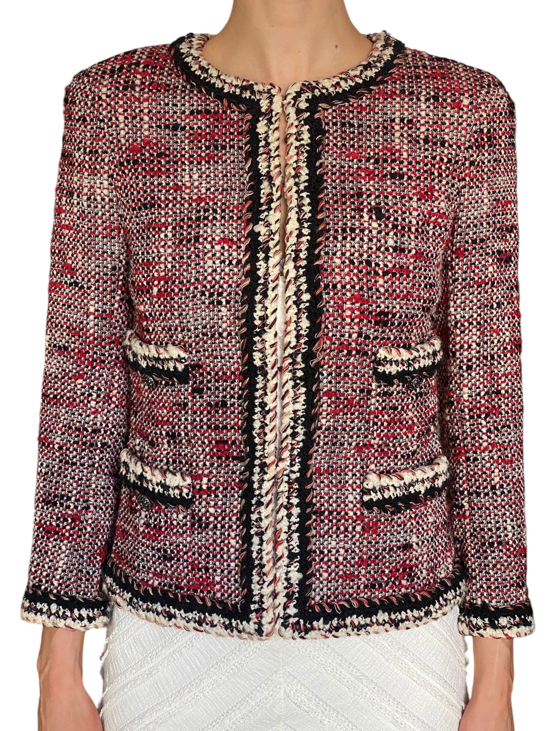 Chanel 2010 Red Tweed Boucle Ruthenium Button Jacket - FR 36 / US 2