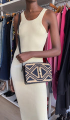 Saint Laurent Black and Natural Raffia Geometric Tassel Lou Camera Bag