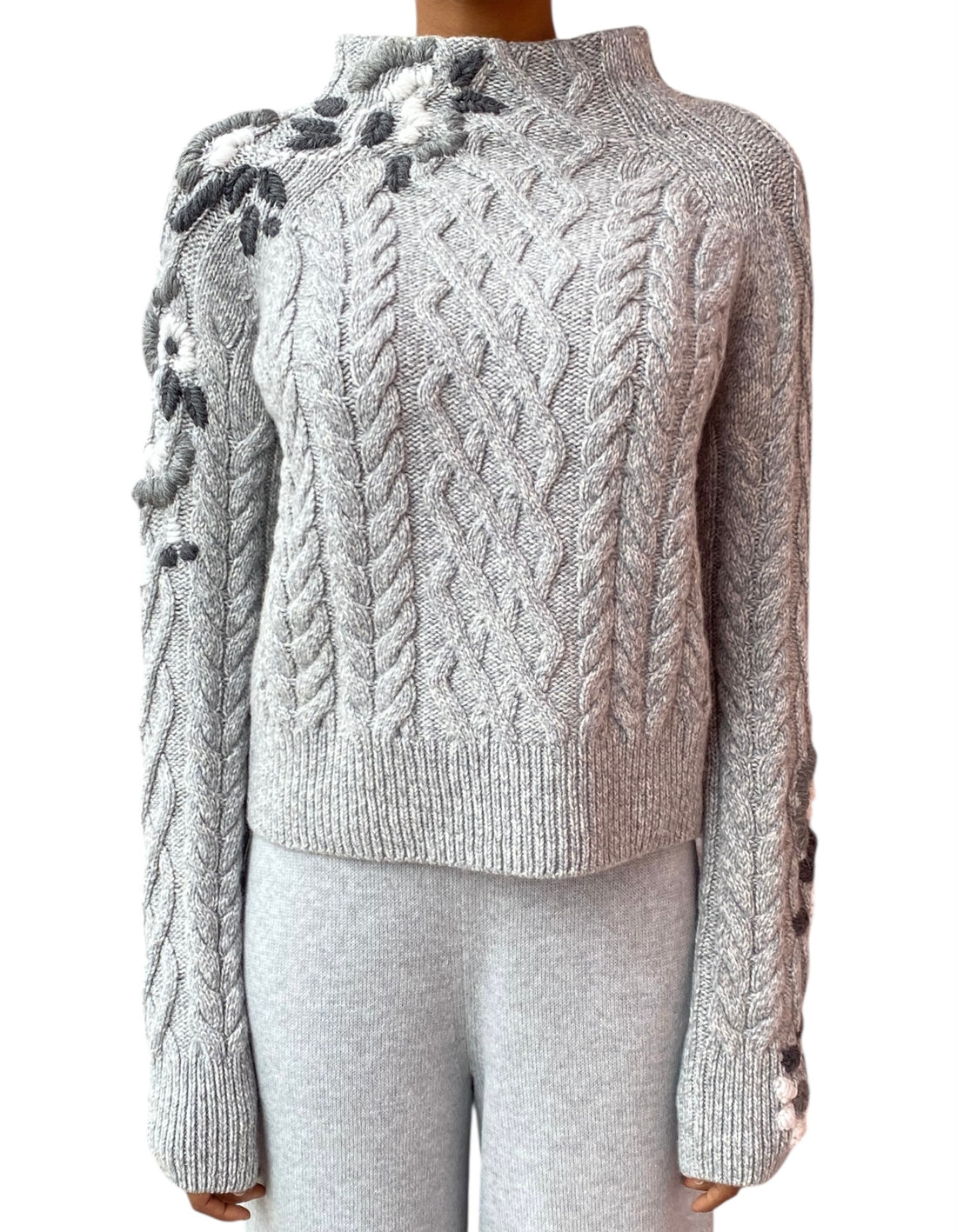 Ermanno Scervino Grey Cashmere Cable Floral Knit Sweater - US 6