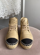 Chanel CC Beige Leather Black Canvas Cap Toe Espadrilles - 36