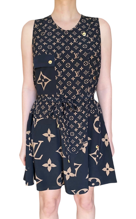 Louis Vuitton Black and Brown Monogram Print Belted Silk Mini Dress - IT 36 / US 2