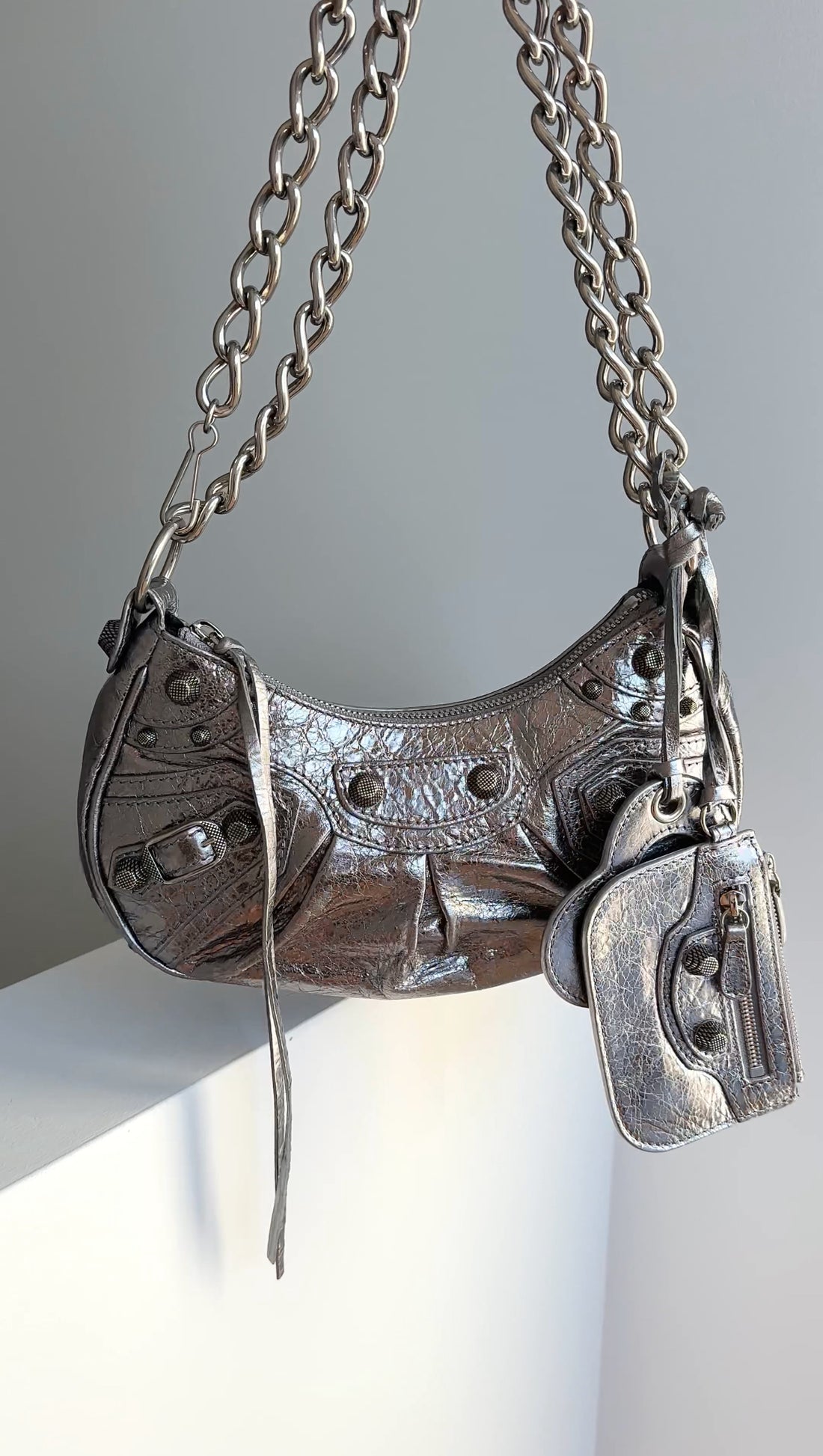 Balenciaga Silver Pewter Le Cagole XS Chain Satchel Bag