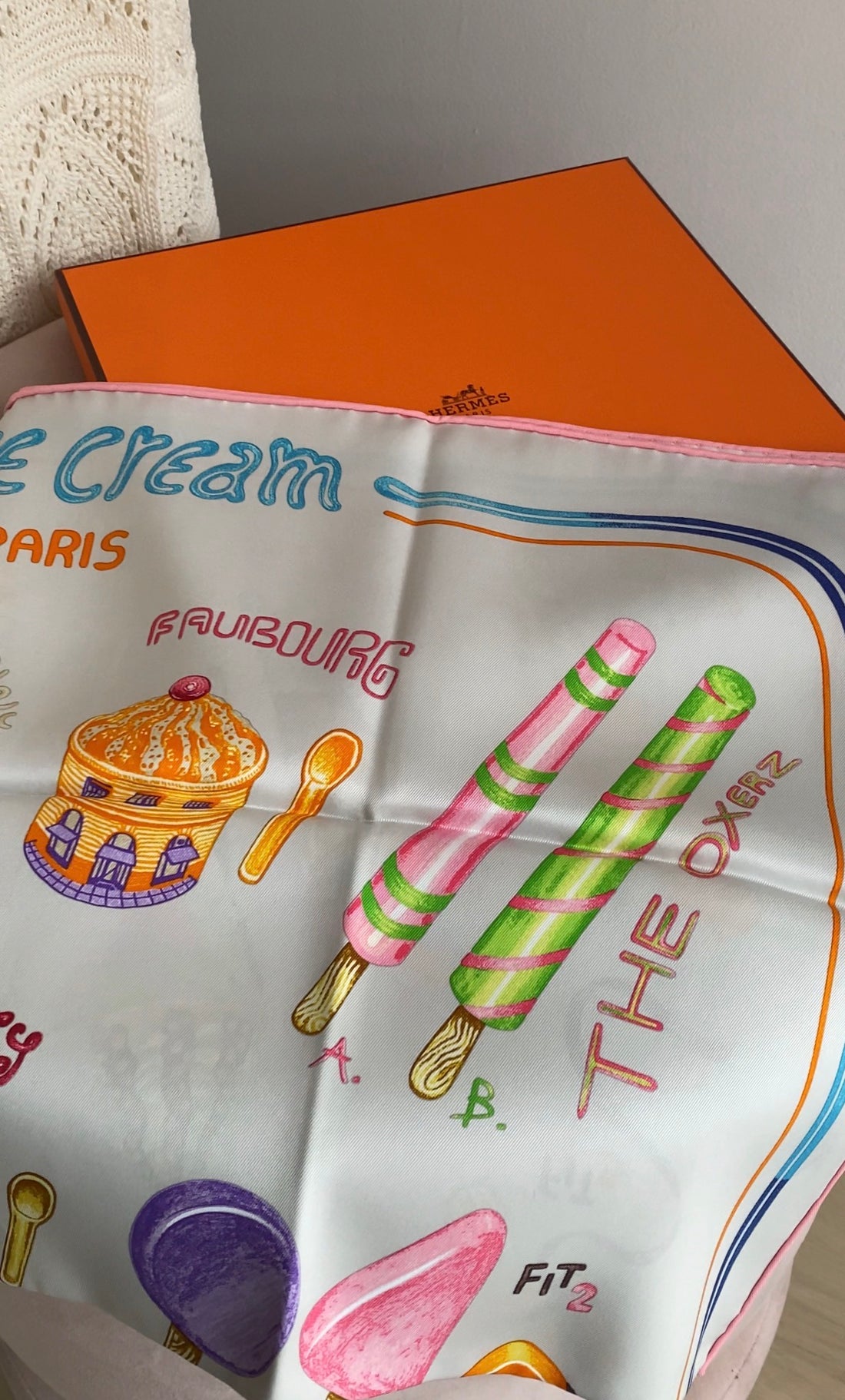 Hermes Pearl Grey Multicolor Funny Ice Cream Silk Scarf 70cm
