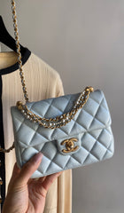 Chanel 24P Quilted Pale Ice Blue Shiny Lambskin Pearl Twist Mini Square Mini Flap Bag