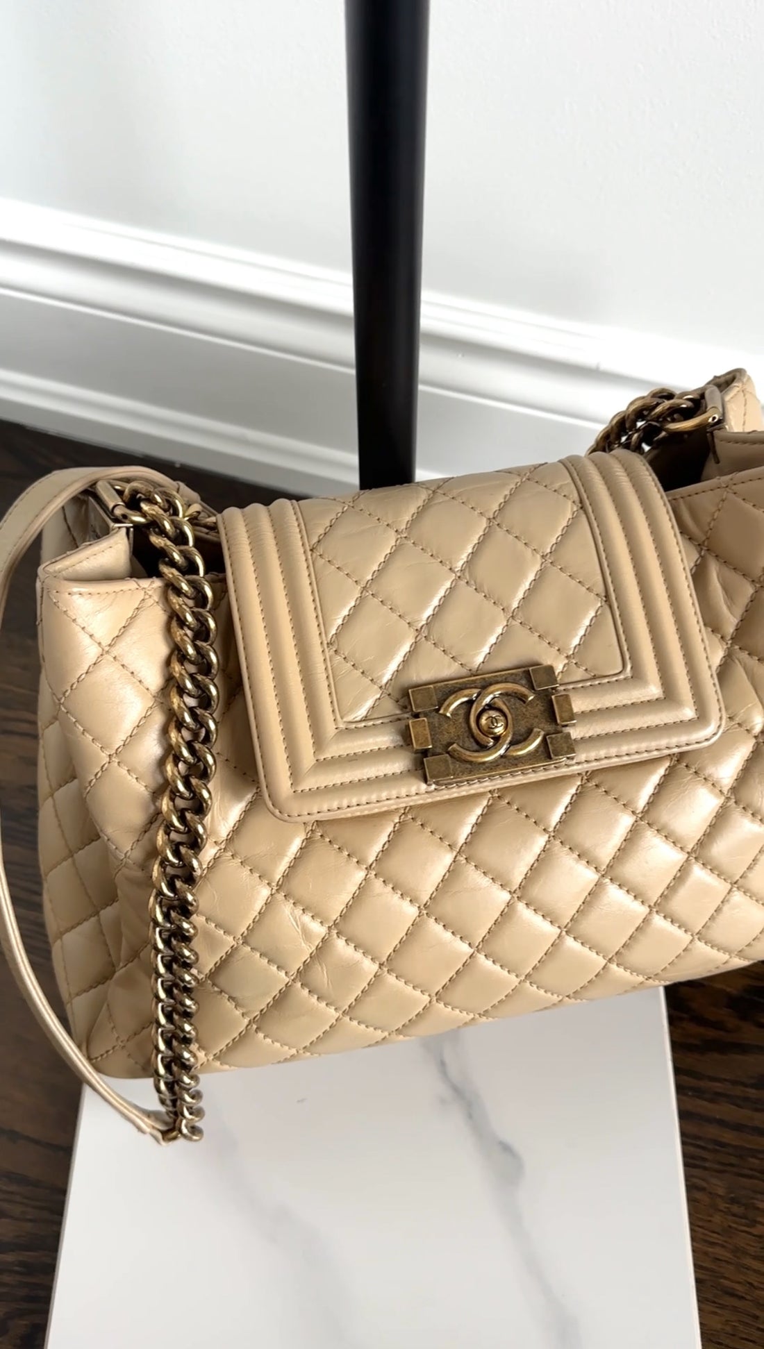 Chanel Beige Quilted Leather Boy Accordion Chain Tote Bag