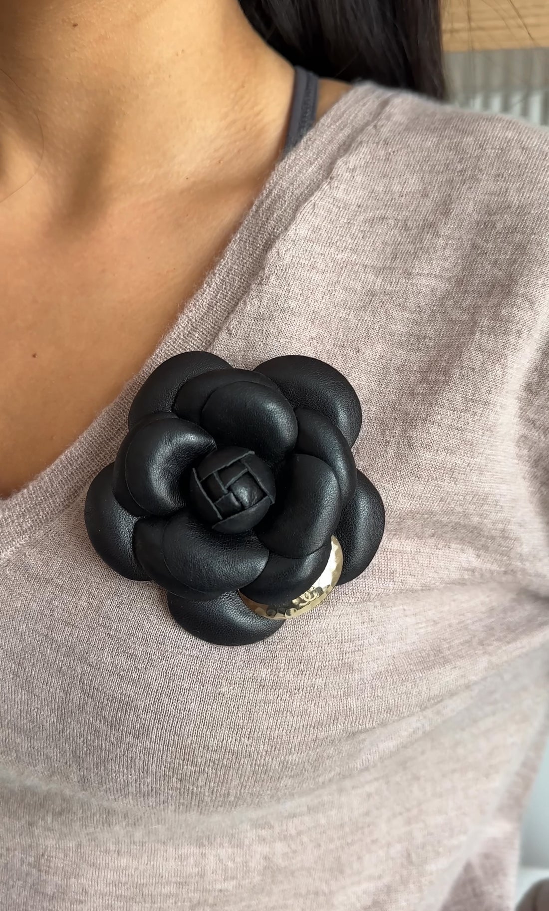 Chanel Black Leather Camelia Flower Brooch Pin with Metal Petal