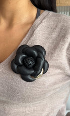 Chanel Black Leather Camelia Flower Brooch Pin with Metal Petal