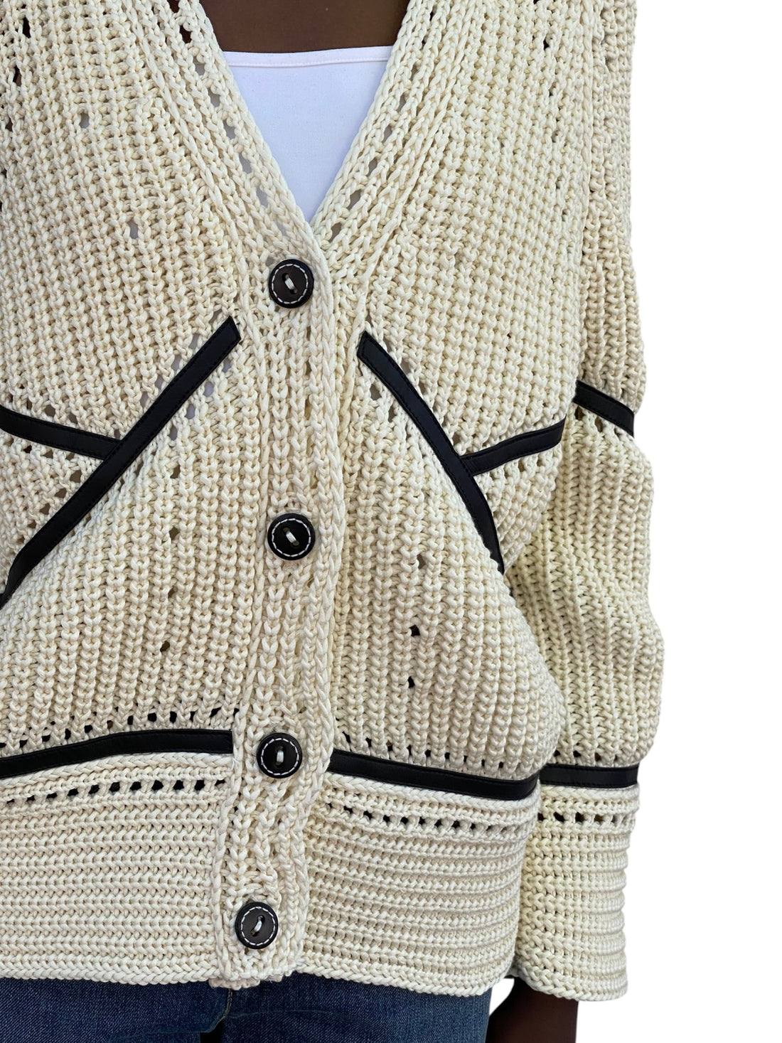 Ermanno Scervino Ivory & Black Leather Trim Cotton Knit Cardigan - S