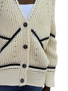 Ermanno Scervino Ivory & Black Leather Trim Cotton Knit Cardigan - S