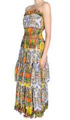 Dolce & Gabbana Orange Printed Silk Chiffon Tiered Strapless Maxi Gown - IT 44 / S-M