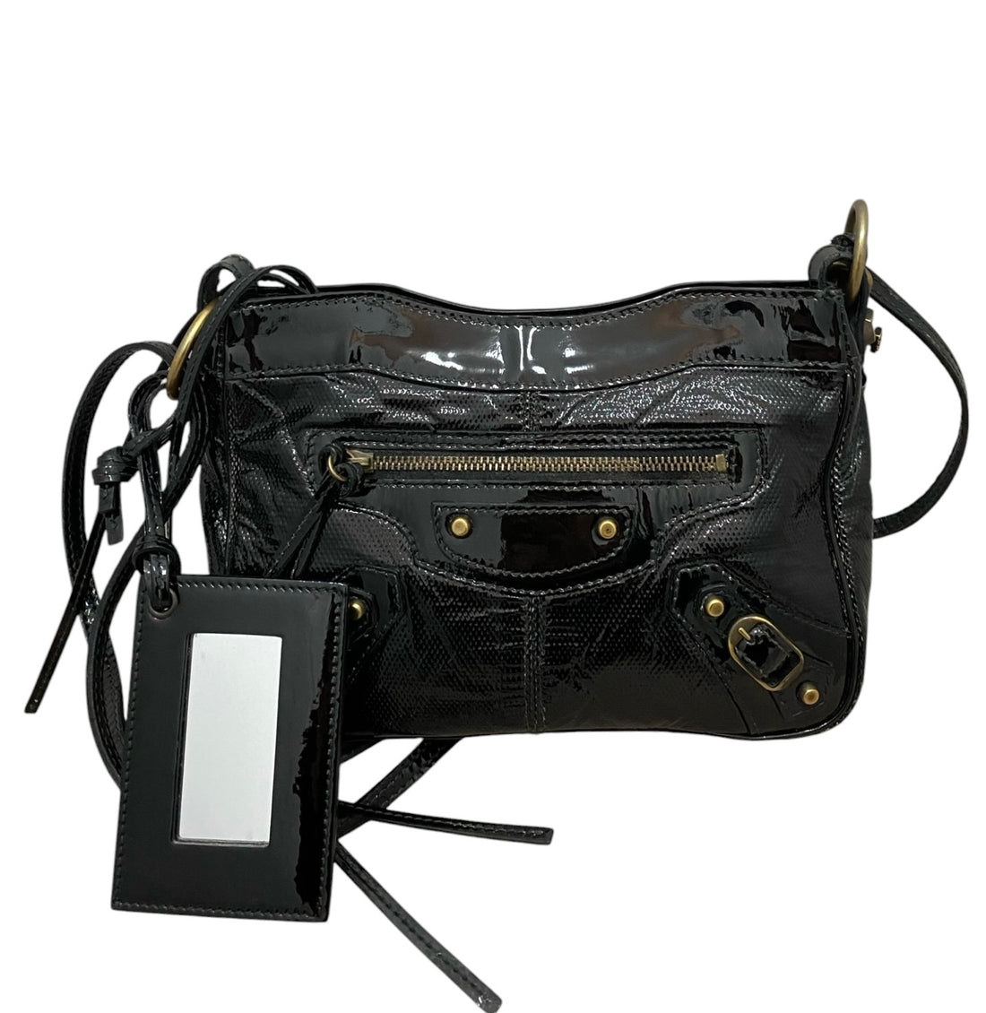 Balenciaga Black Textured Patent Le City Moto Classic Shoulder Pouch on Strap