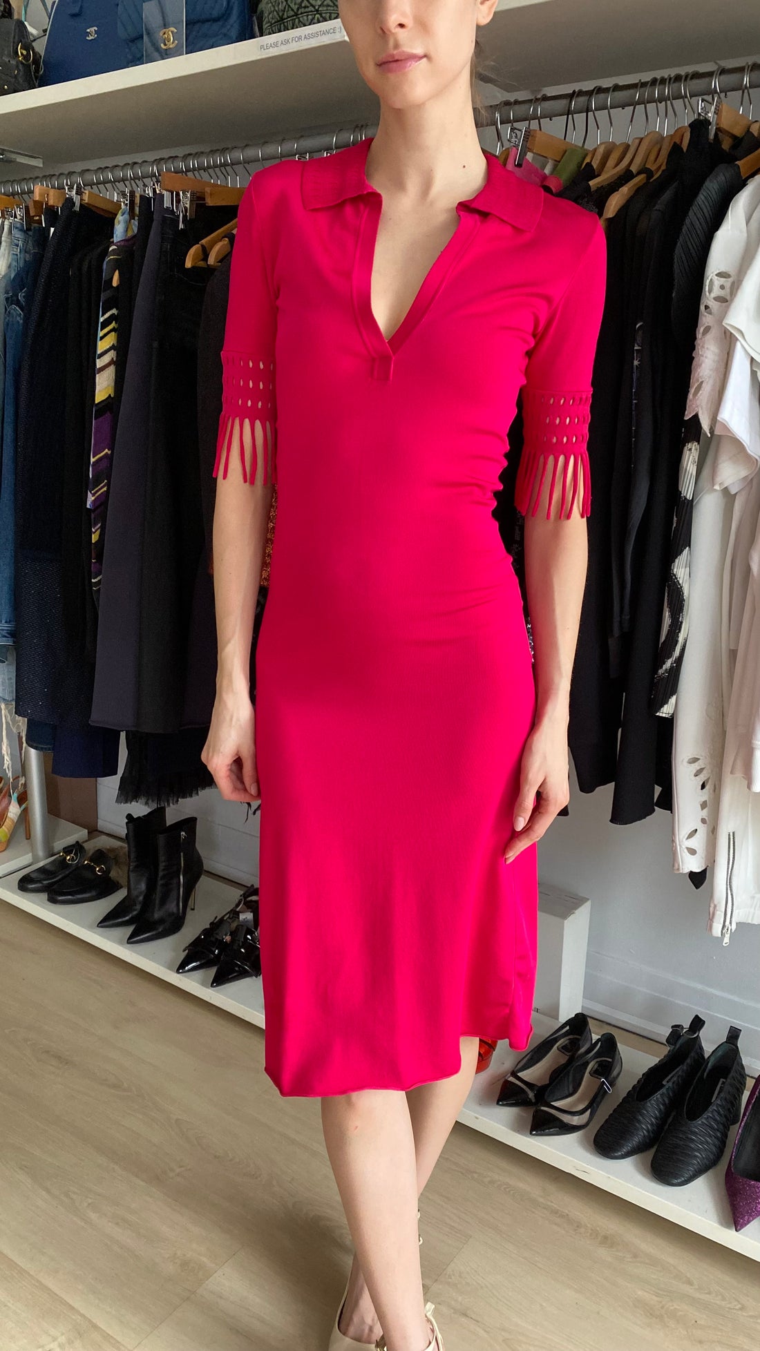 Alaia Fuchsia Pink Knit Polo Fringe Trim Midi Dress - 36 / US 2