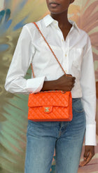 Chanel Small Orange Lambskin Leather Small Double Classic Flap Bag LGHW