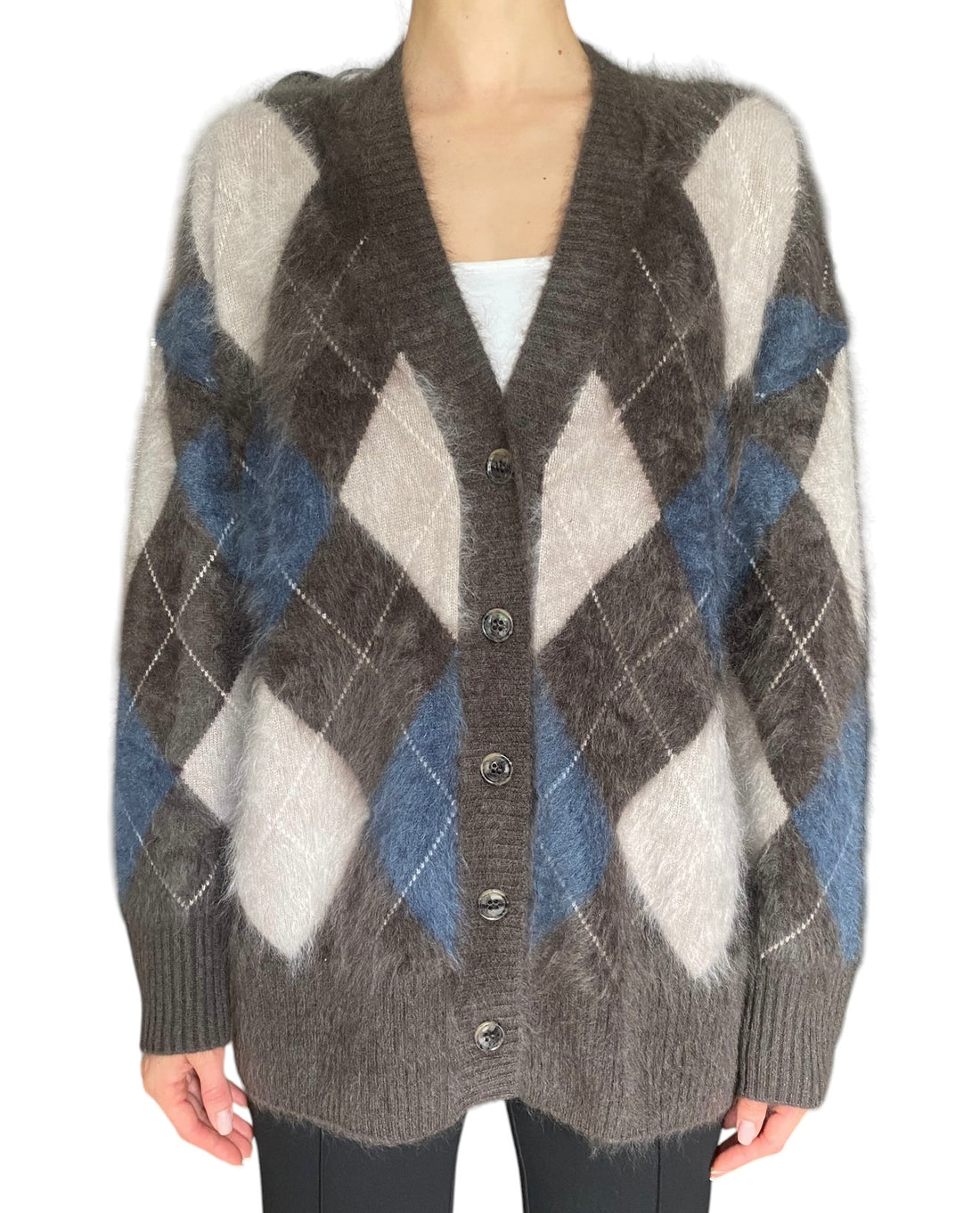 Lisa Yang Taupe Grey Blue “Elaria” Argyle Cashmere Knit Cardigan - XS-S / US 4-6