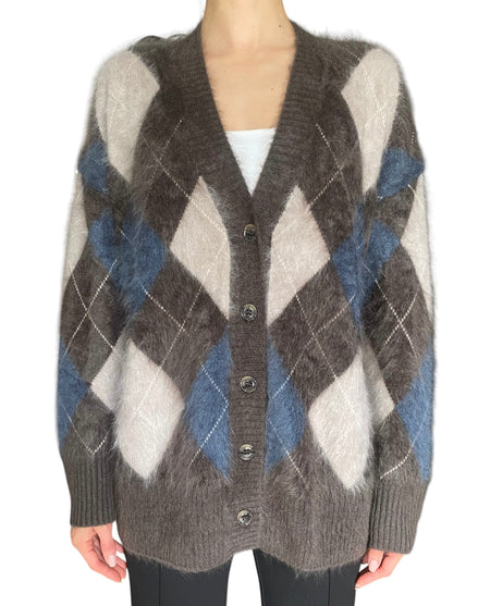Lisa Yang Taupe Grey Blue “Elaria” Argyle Cashmere Knit Cardigan - XS-S / US 4-6