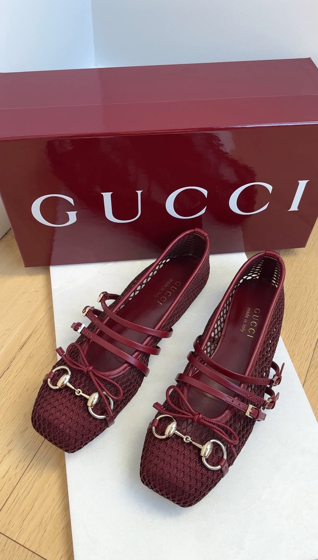 Gucci Ancora Burgundy Red Mesh Horsebit Ballerina Ballet Flats - 36.5